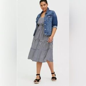 Torrid Navy & White Stripe Challis  Tiered Midi Dress Size 1 or 12 Large